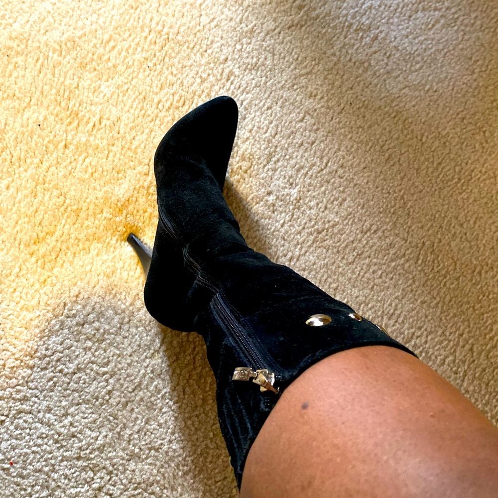 Black suede with silver studs half calf boots